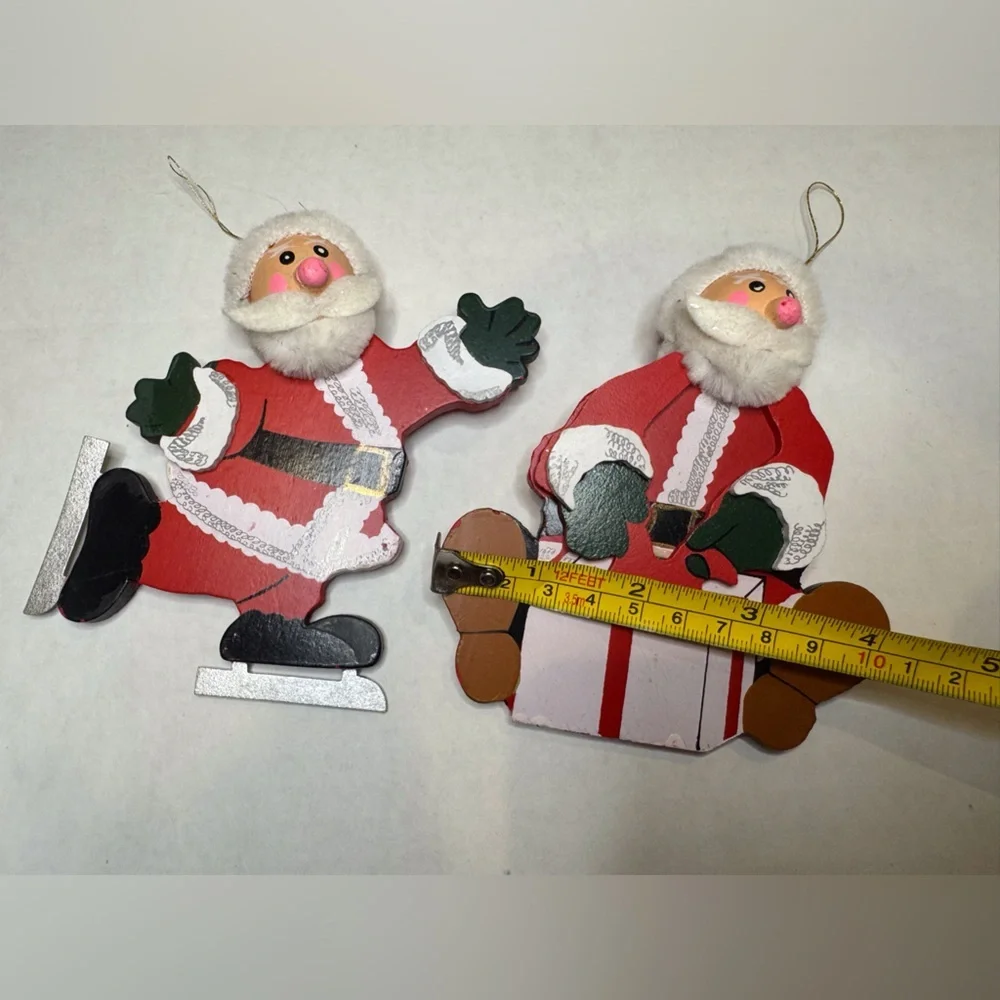 Vintage Set‎ of 2 Wooden Christmas Santa Ornaments Joan Berg Victor Handmade